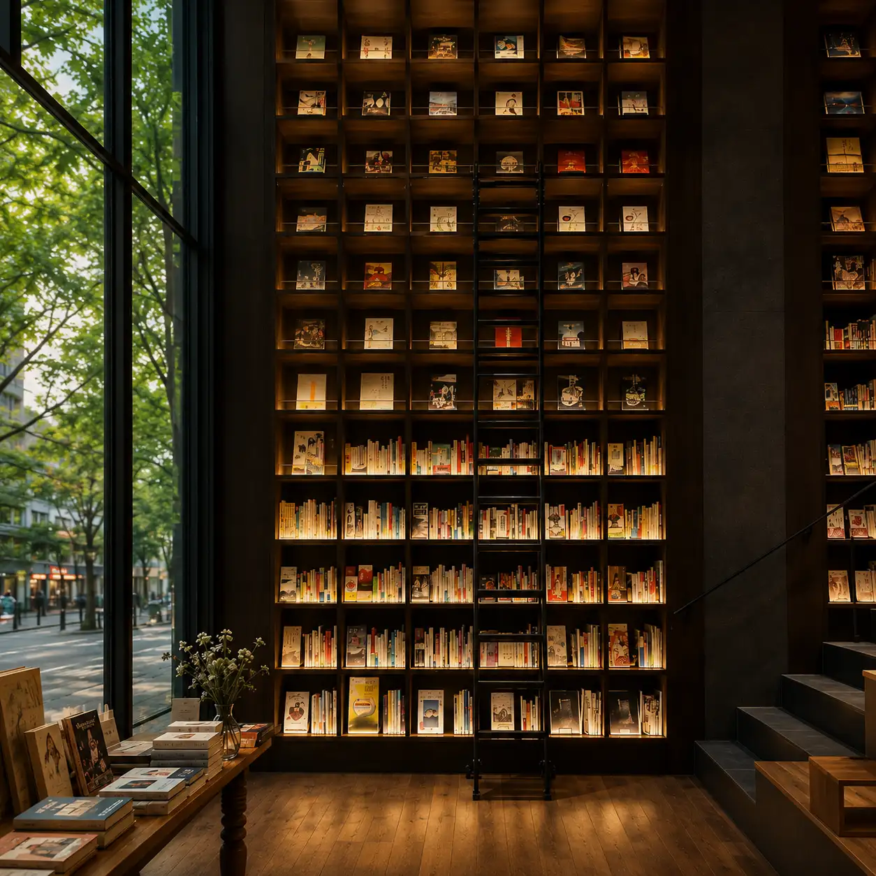 A tall, softly lit bookstore shelf wall with a rolling ladder